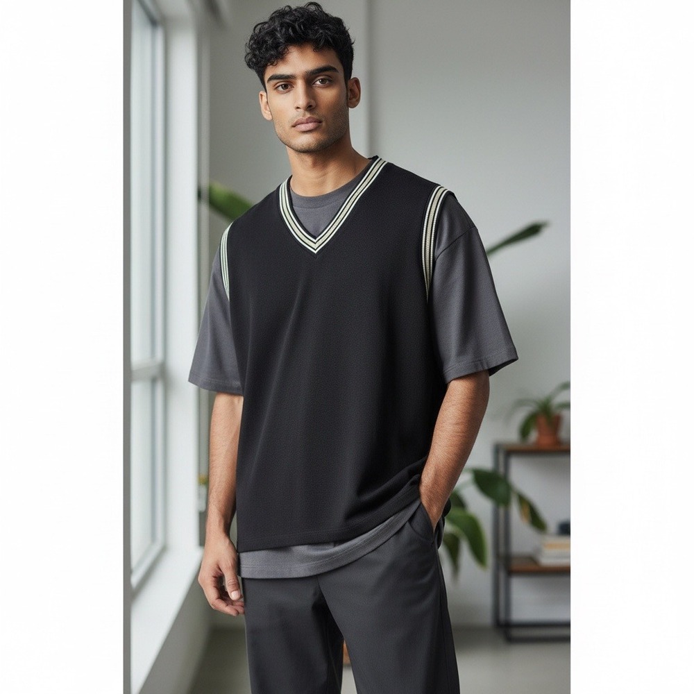 Vintage Y2K Vibes Black V Neck Striped Trim Jersey Vest Size XL‎ - NEW